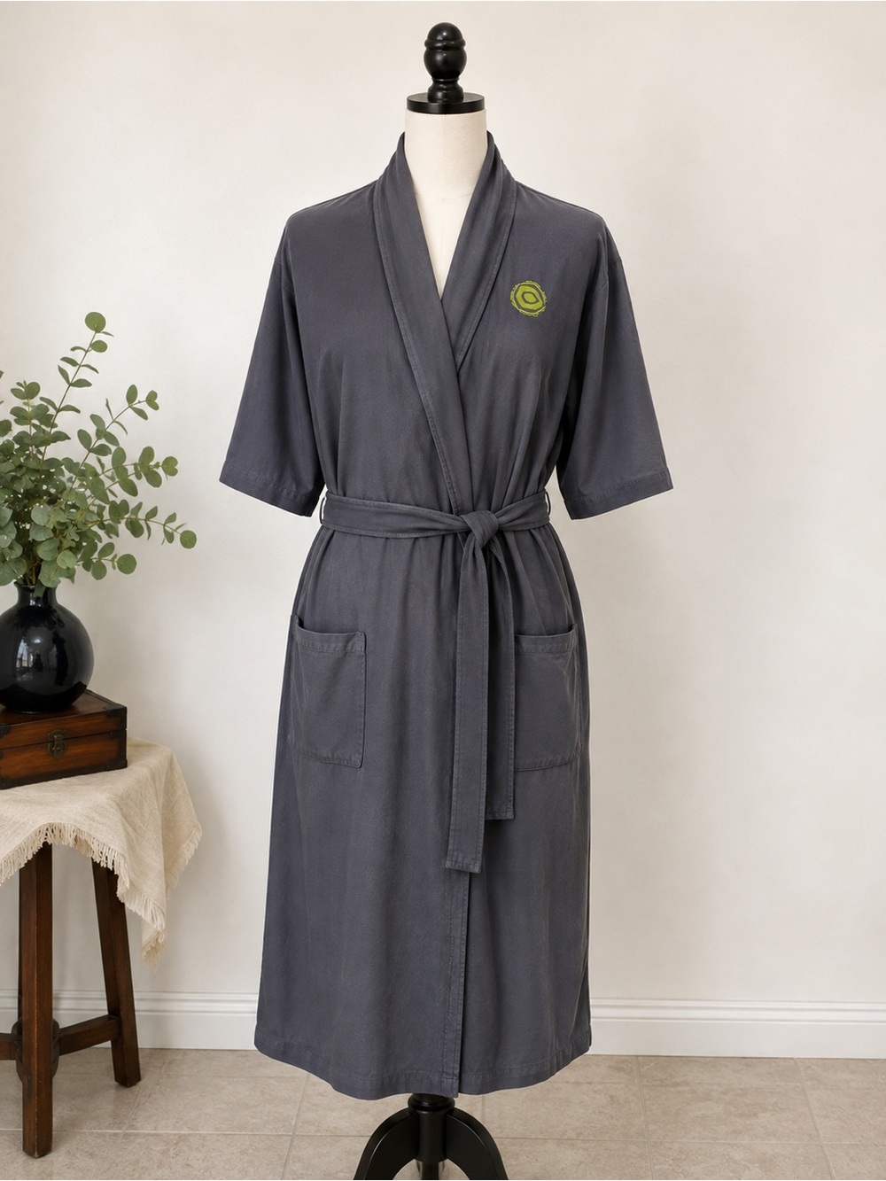 Monarch Cypress Gray Spa Robe Kimono Wrap Belted Lounge Robe One Size